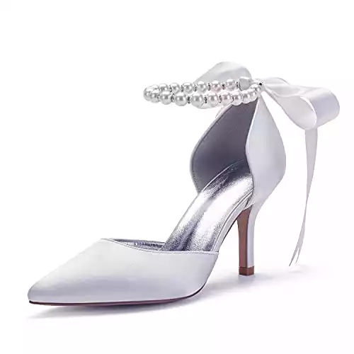 Women's Pearl White Wedding Shoes for Bride High Heels Pointed Toe Bridal Shoes Satin Prom Party Dress Pumps Sandals 602-1 Size 9