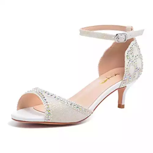 XYD Ballroom Dance Shoes Wedding Sandals for Women Pumps with Rhinestones Ankle Strap Peep Toe Elegant Ladies Heels Size 4 White Glitter-5cm