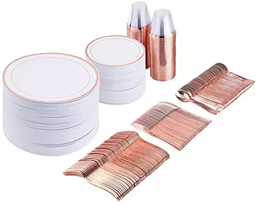 600 Piece Rose Gold Dinnerware Set–200 Gold Plastic Plates–Set of 300 Rose Gold Plastic Silverware–100 Gold Plastic Cups–Disposable Gold Plastic Dinnerware Set for Party or Wedding(100 Guests)